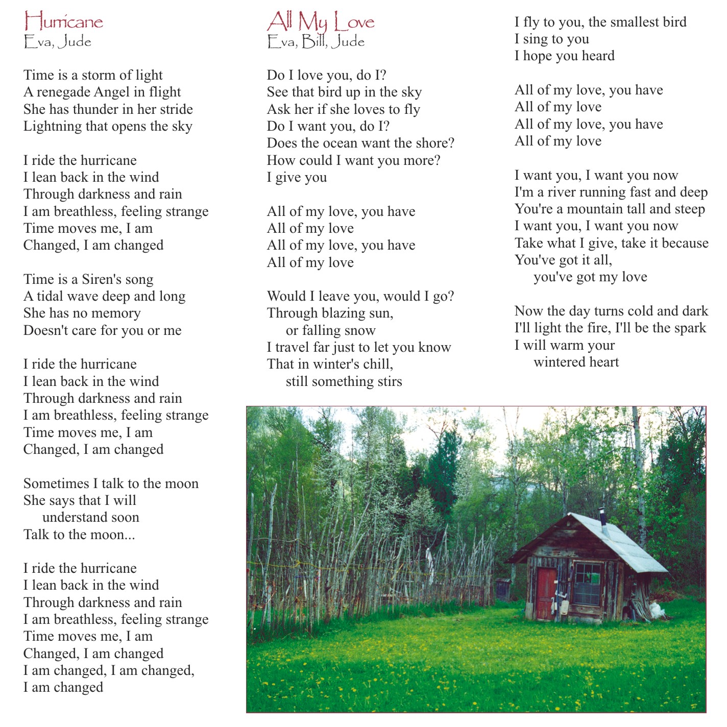Eva Tree - Sail Away - CD Booklet, Page 3, "Hurricane", "All My Love"